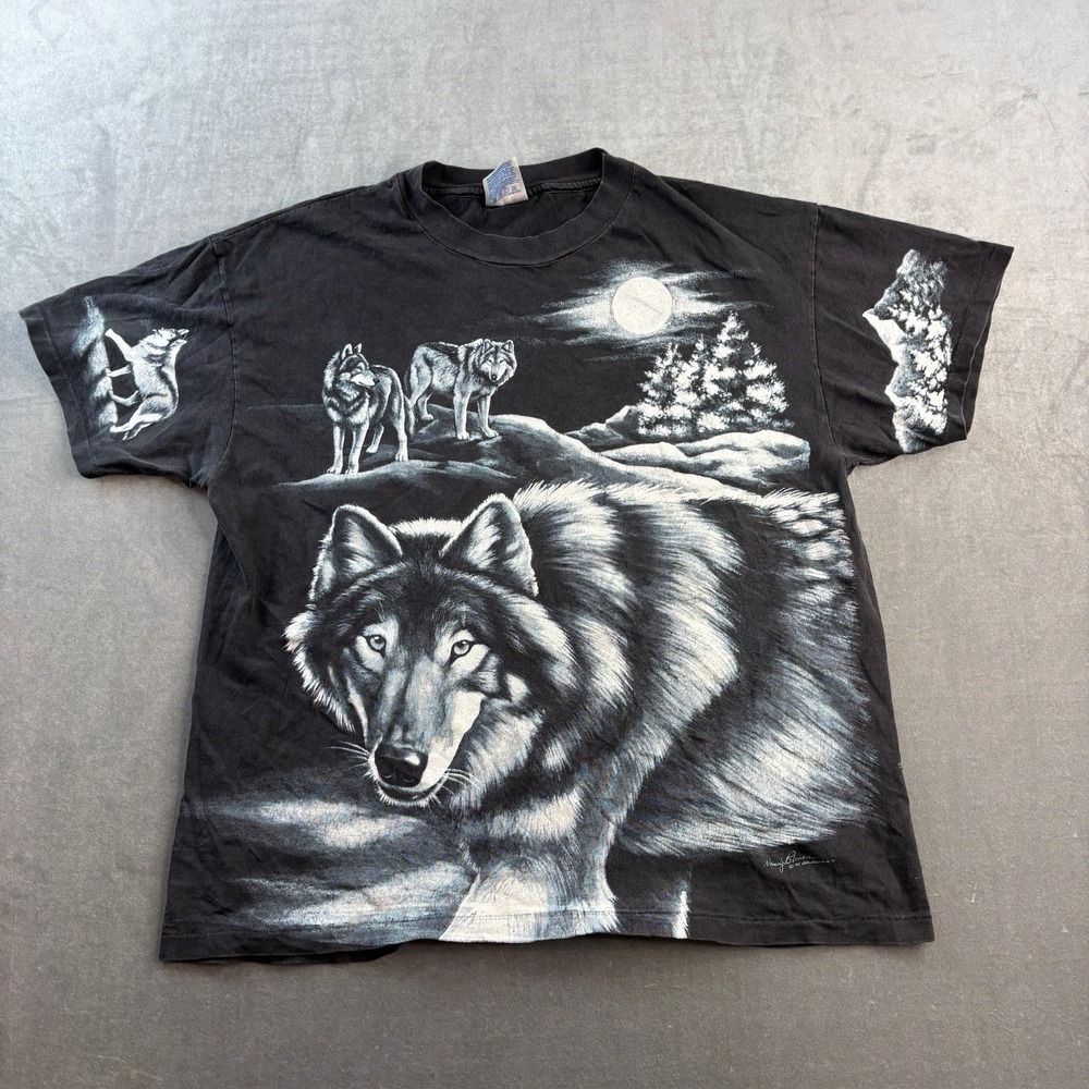 VTG Wolf All Over Print Graphic T Shirt Hanes Beefy Tee Mens Large